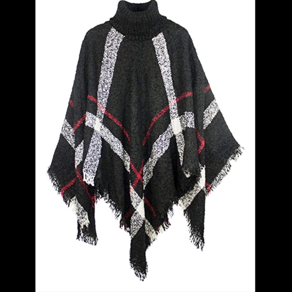 Long knitted fringe trim sweaters PONCHO CAPE WRAP
